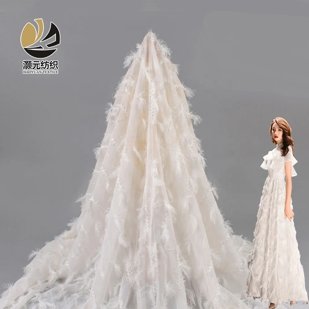 Stock lot wholesale high quality polyester soft fancy 3d white feather crepe chiffon fabric