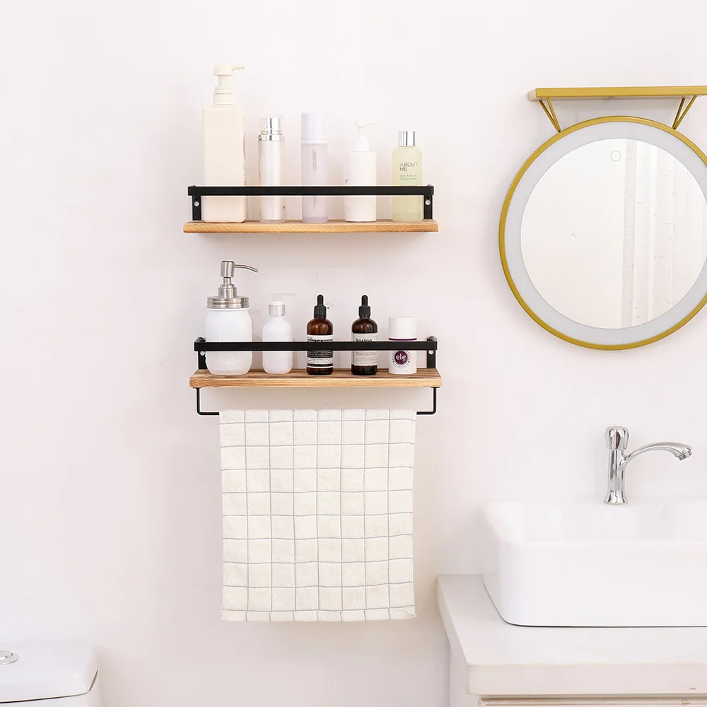 Bathroom Wall Shelving Wooden Shelving Kitchen Bathroom Iron Wall Hanging Partition Floating Shelves Set of 2 Farmhouse Shelf