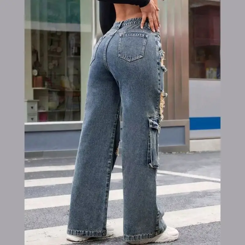 Factory Direct100% Cotton Jeans High Street Women Baggy Trousers High Rise Multi Pockets Faded Washed Denim Wide Leg Cargo Jeans