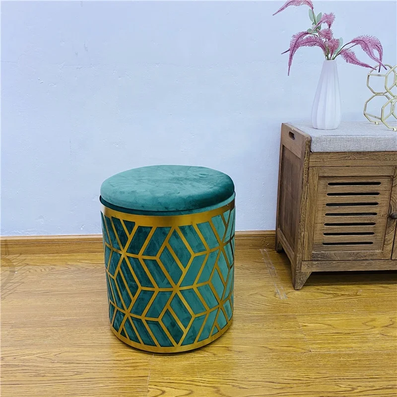 Furniture ottoman velvet green ottoman socks storage ottoman with golden sheet metal velvet stool
