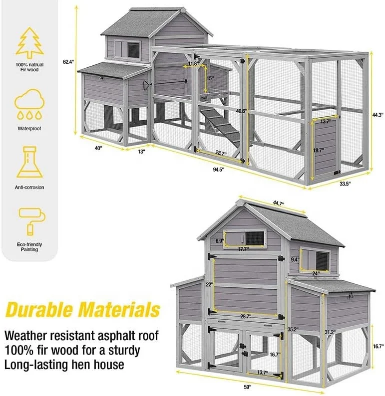 Super Large Outdoor Chicken Cage for 10 Chickens with Two Nesting Boxes Outdoor Hen House Wooden