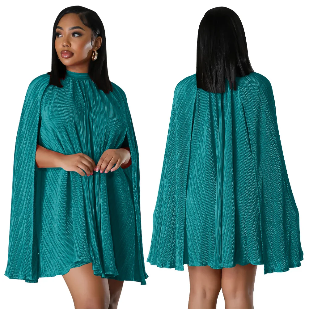 QuiteS 2024 New Solid Color Pleated Cape Sleeve Dress Women Party Dresses Long Evening Elegant