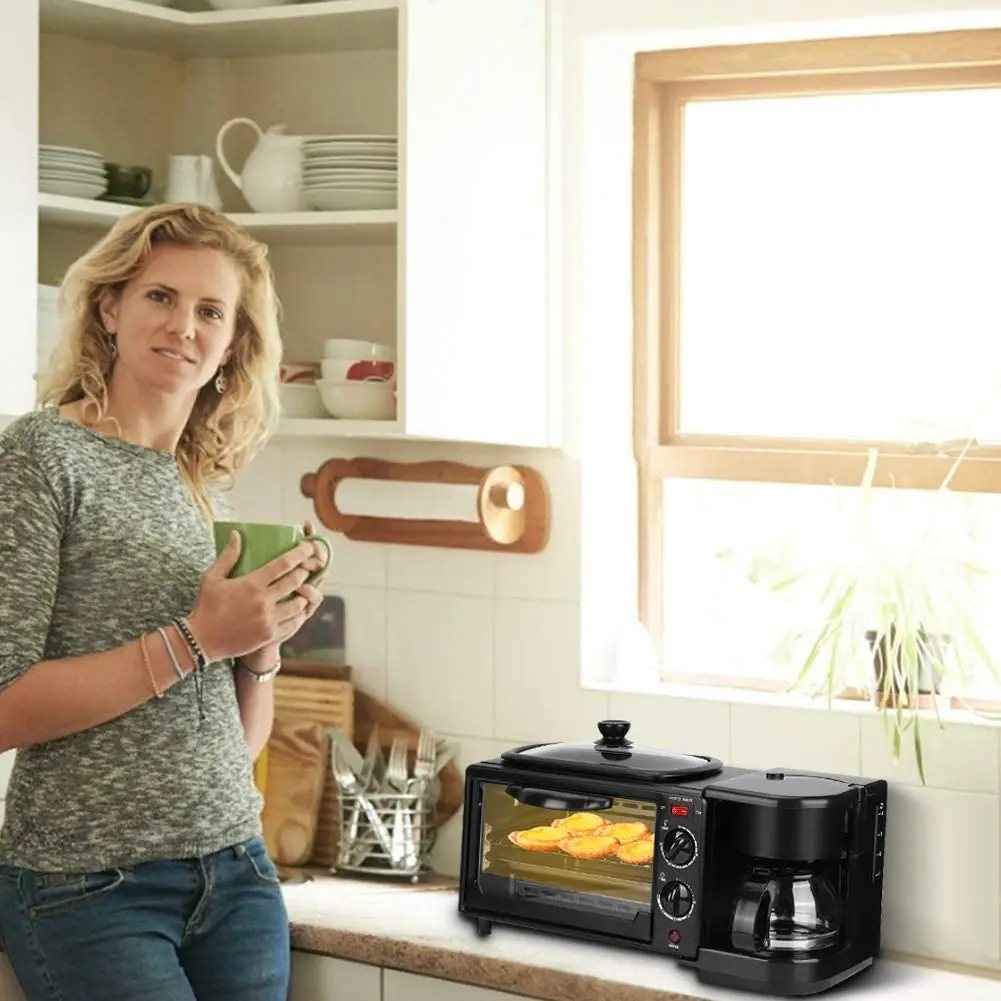 Multifunctional Family Size Sandwich Coffee Maker Electric Toaster Oven 3 In 1 Breakfast
