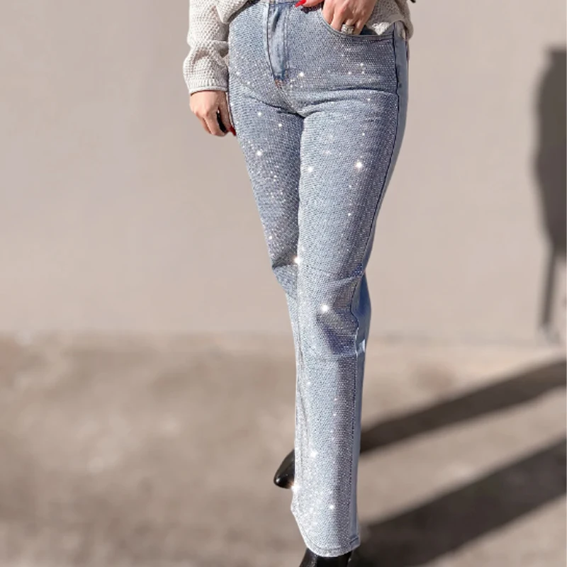 Womens High Rise Glitter Blue Denim Pants Rhinestone Embellished Slim Fit Jeans Front Sparkly Rhinestones Stud Jeans