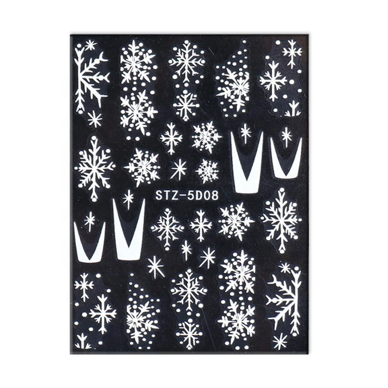 5D White Snowflakes Embossed Sticker Christmas New Year Nail Art Design Winter Charms Flower Manicure Slider Decals STZ5D01-08