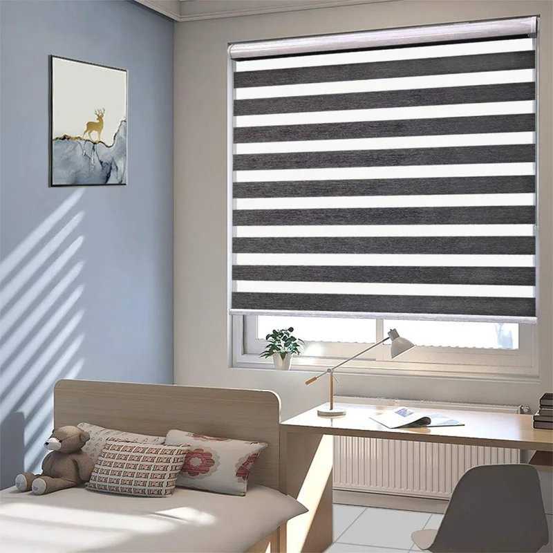 Cordless smart zebra blackout blinds motorized roller blind wood look supplier