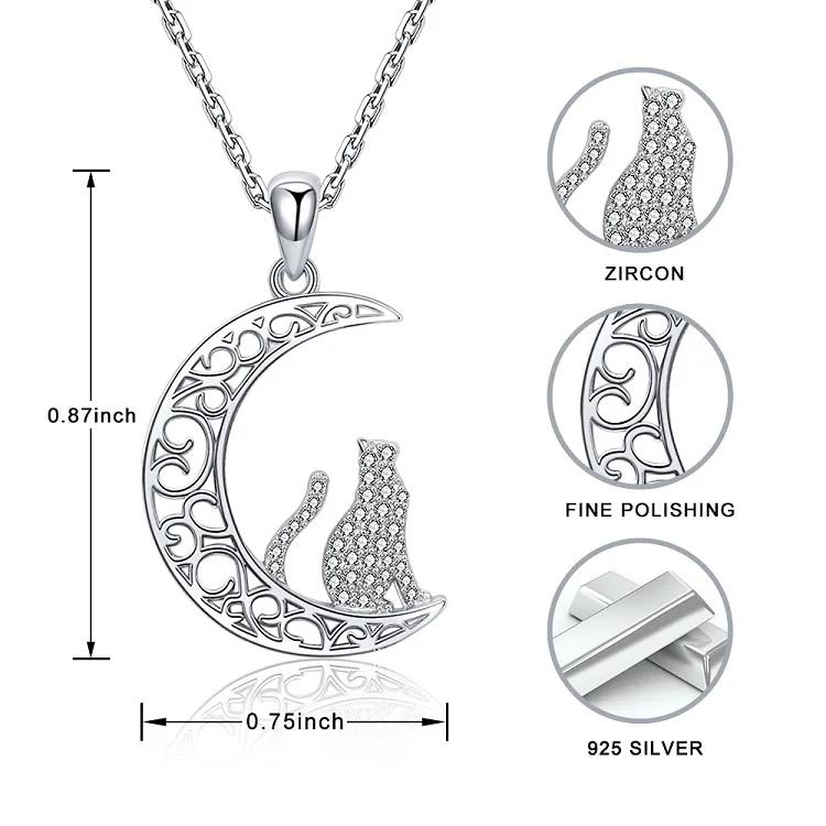 925 sterling silver crescent moon with cat necklace for women