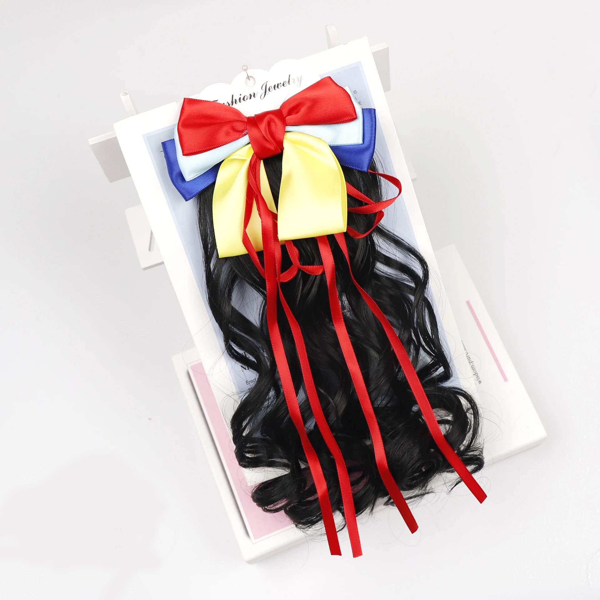 Kid Wig Hairpiece 10 Inch Short Natural Curly Clip In Ponytail Hair Extension With Bow Ribbon