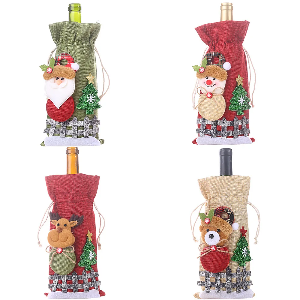 New Christmas decorations linen snow cartoon drawstring wine bottle cover plaid doll wine bottle bag wholesale