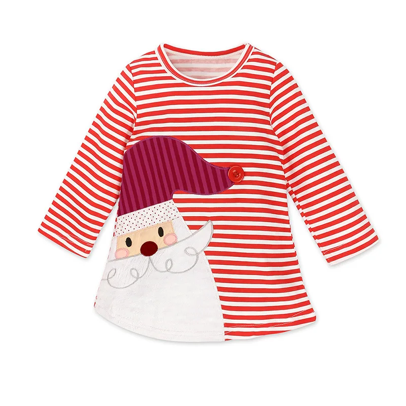 Ivy42181A 2023 Christmas Long Sleeve Santa Design Striped Dress Girl Kids New Years Dress