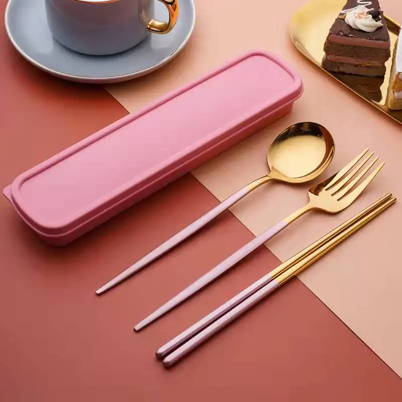 Luxurious Portable Utensils Reusable Stainless Steel Knife Spoon Fork Flatware Travel Cutlery Set Chopsticks Spoon Fork Set