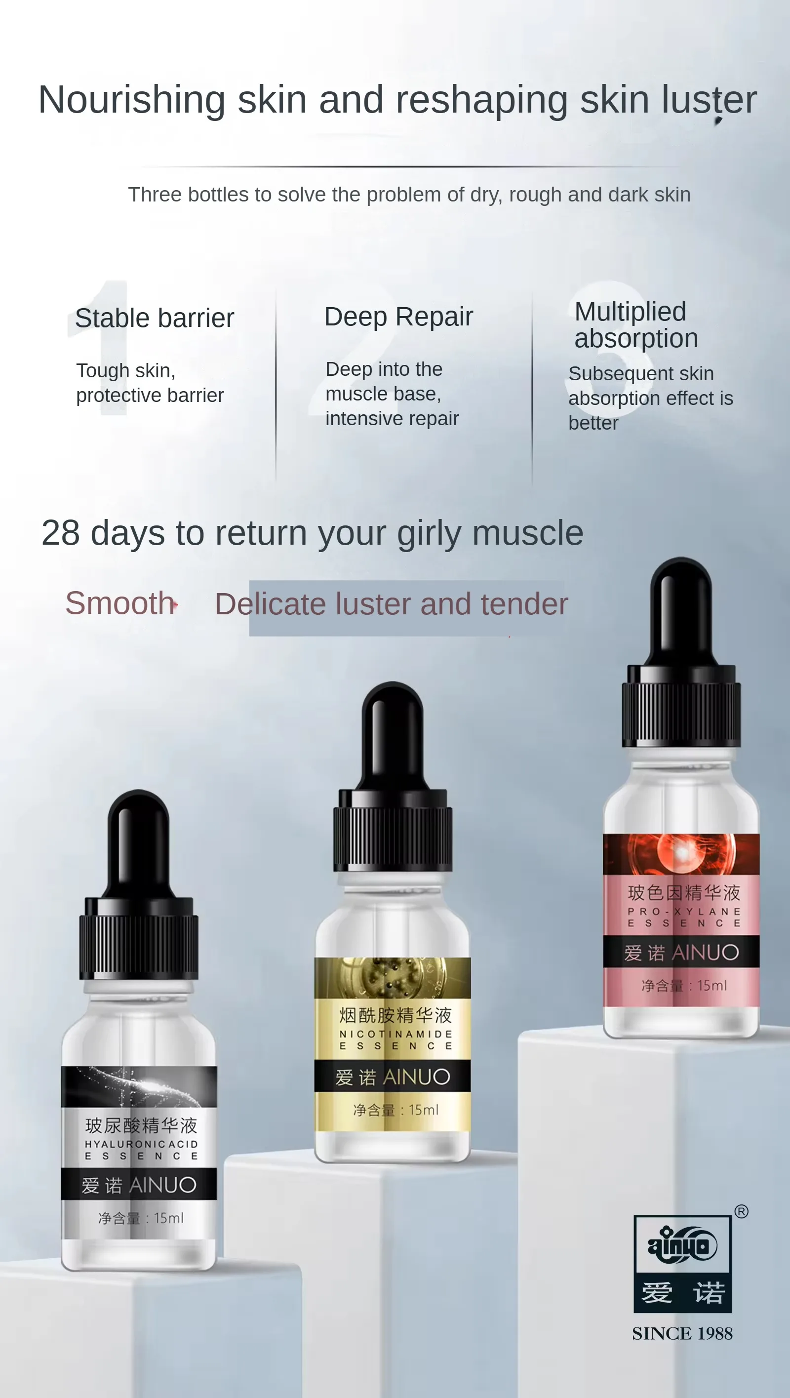 Private Brand AINUO Organic Hyaluronic Acid Essence Lotion Face Hydrating Moisturizing Anti-Aging Whitening Anti-Wrinkle Skin