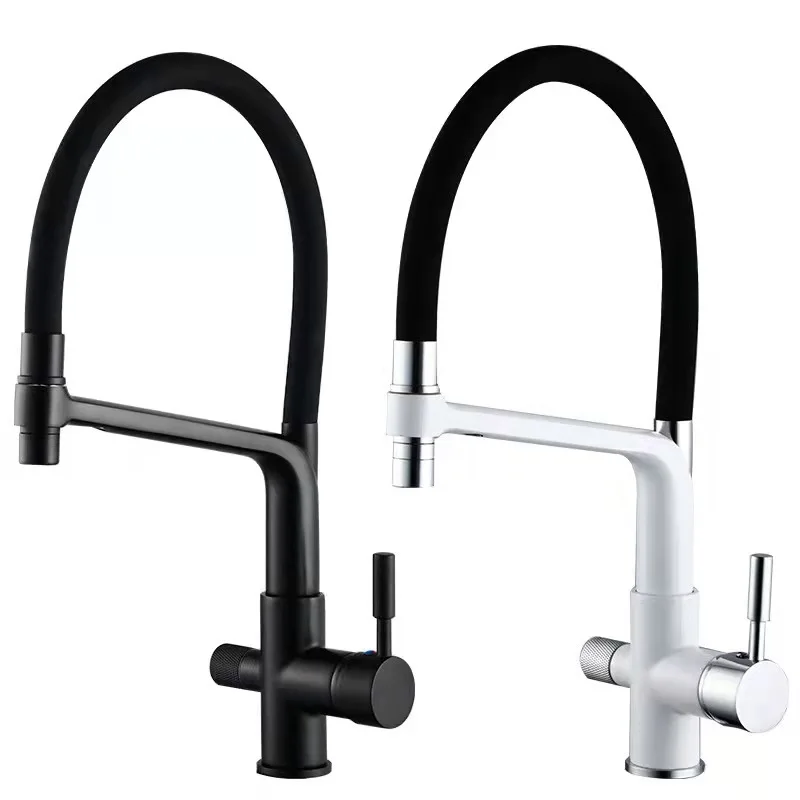 High Quality Deck Mounted Hot Cold Brass 3 Way Kitchen Filter Faucet With Pull out Sprayer
