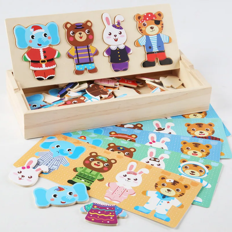 New wooden animal transform the dressing clothes puzzle toys Montessori Early Education Wood Jigsaw Puzzle Toys For children CE