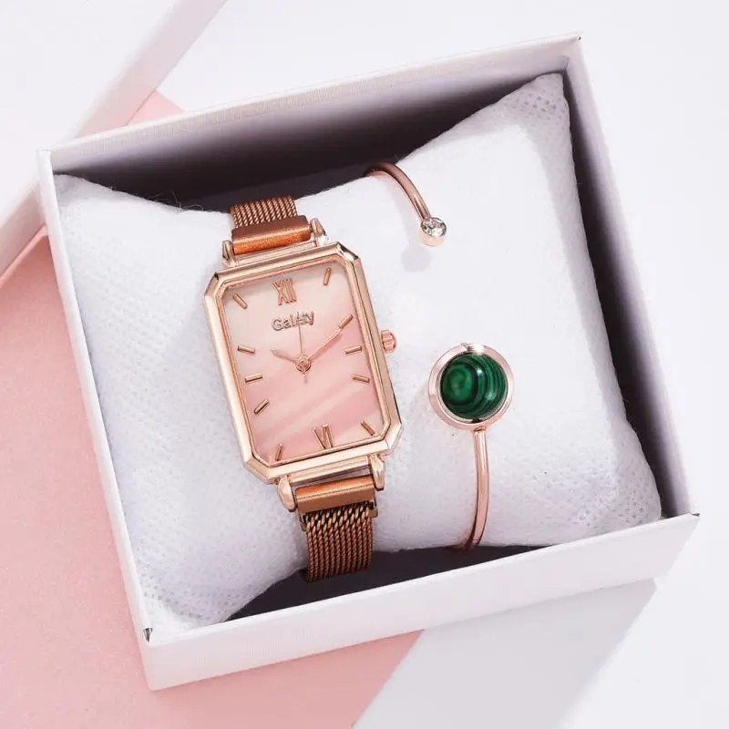 Cheap Women Watches Fashion Square Ladies Quartz Watch Bracelet Set Green Dial Simple Rose Gold Mesh Luxury Lady Jewelry Watches