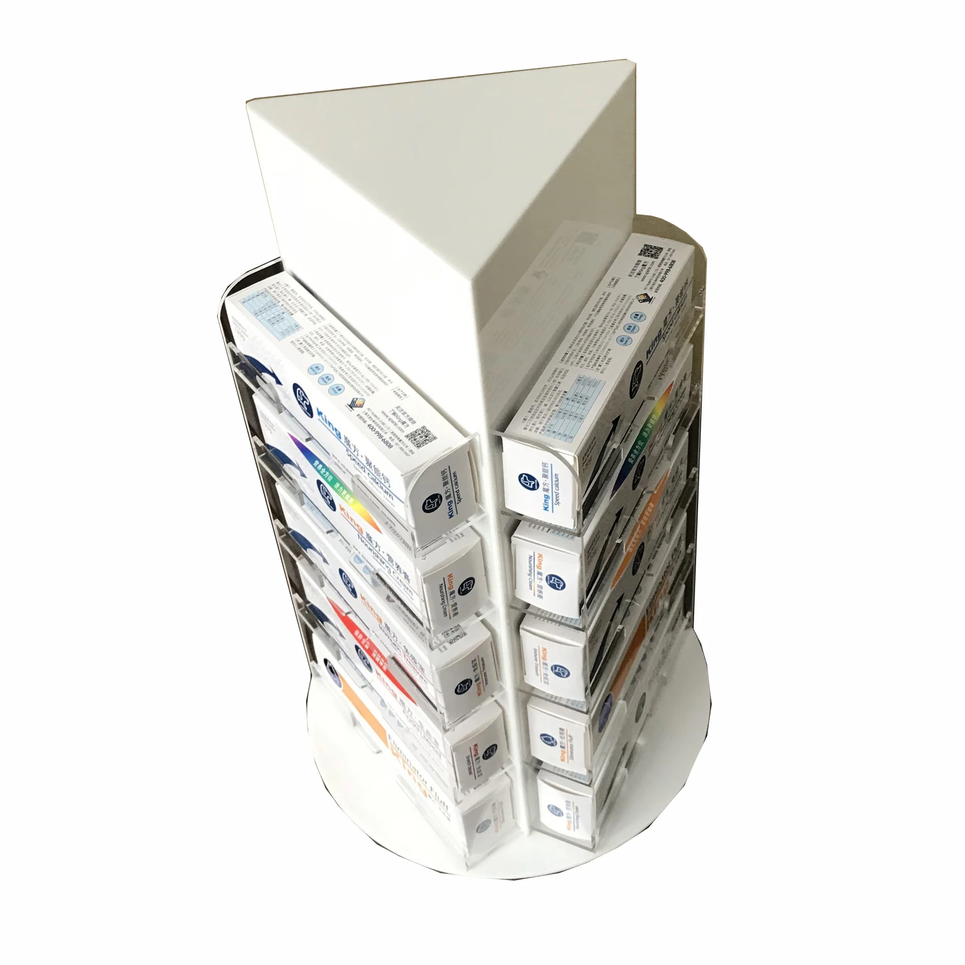 
Factory customized wholesale acrylic drug display rack desktop three-sided rotating product display rack for pharmacies use 