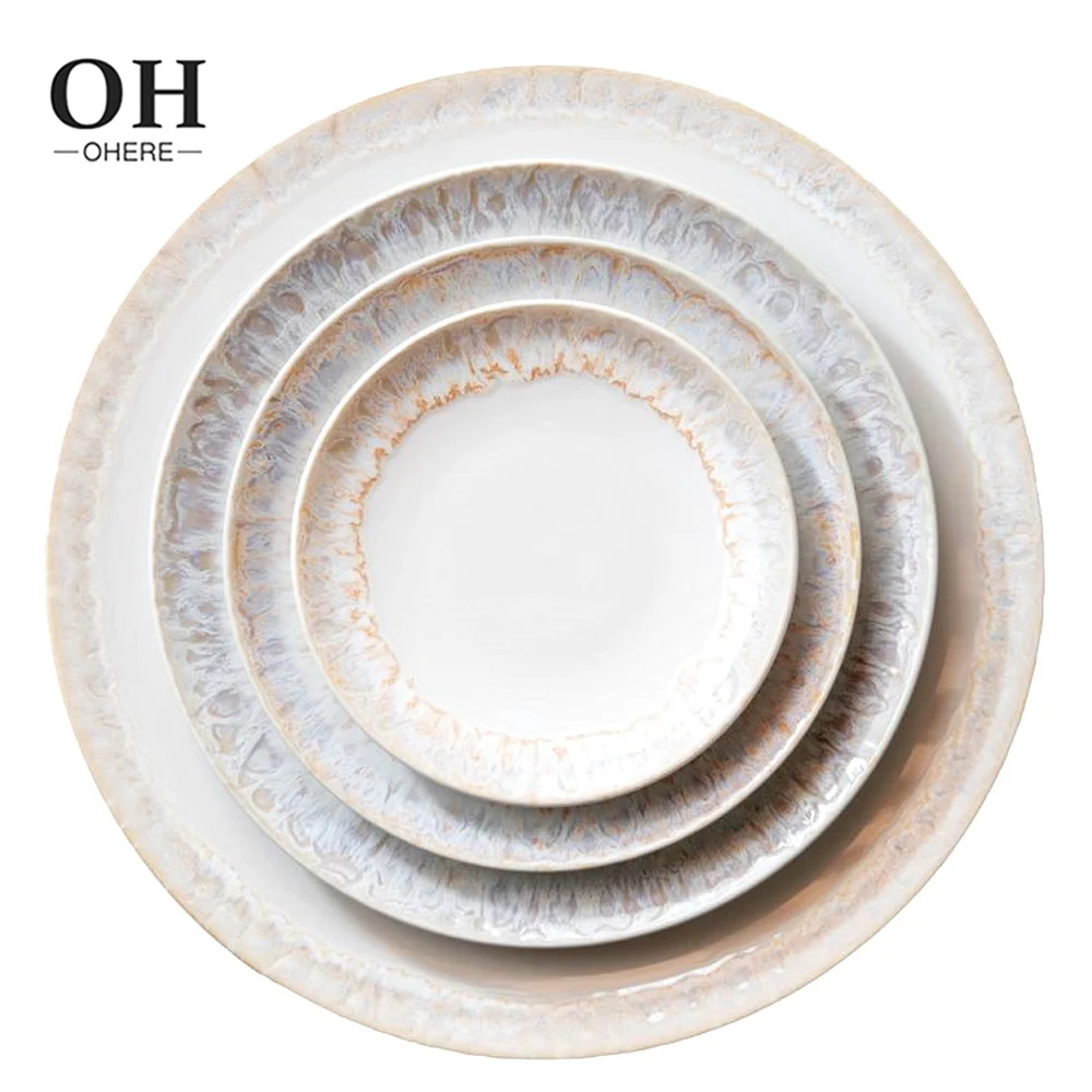 Artistic stone texture edge 4 pcs ceramic plate sets Simple white color wedding charger service dinner plate Microwave Safe use