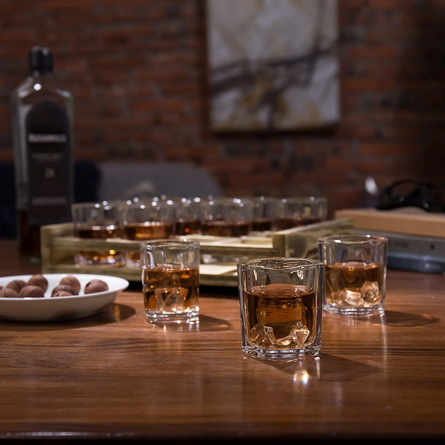 Shot Glasses Server Set Includes 12 Square Glasses and Whitewashed Wood Serving Tray