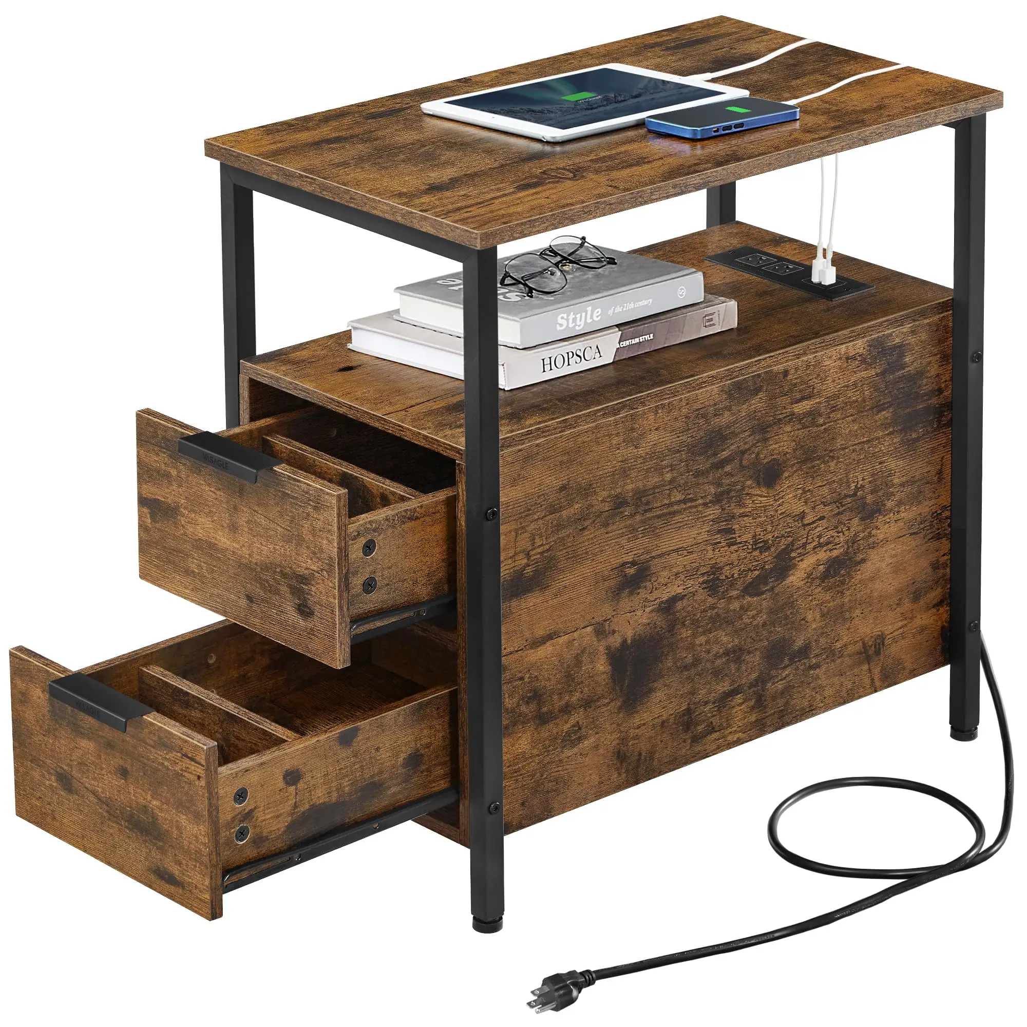 Narrow Side Table with 2 Wooden Drawers USB Ports and Power Outlets Nightstand Sofa Table