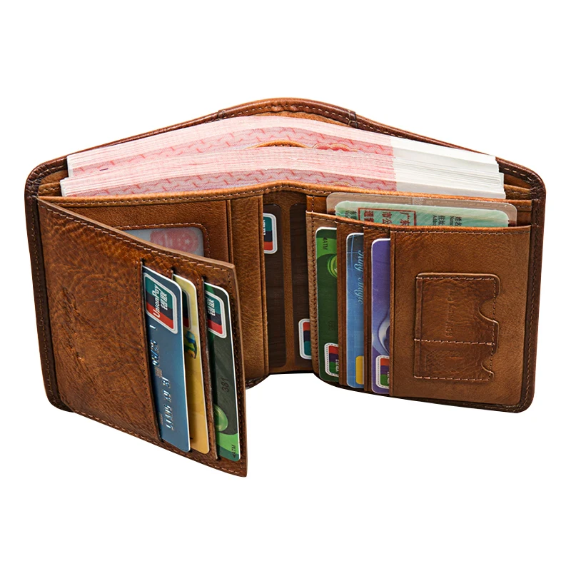 Brown Full Grain Genuine Leather Short Wallet Men Crazy Horse Anti Rfid Blocking Pure Leather Bifold Wallet For Man