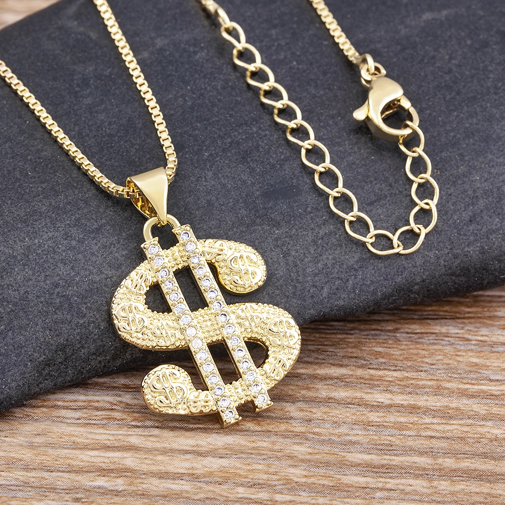 Fashion Gold Plated with Diamond Dollar Symbol Pendant Necklace Copper CZ Charm Neck Chain Party Bar Jewelry Gifts Wholesale