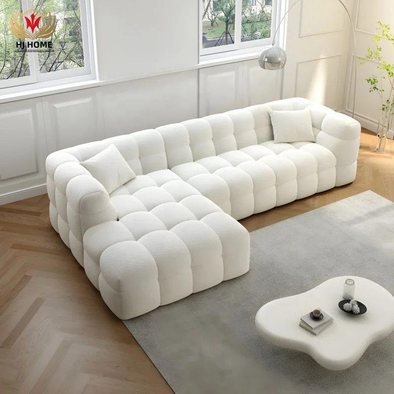 HJ HOME Scandinavian Living Room Sectional Sofas Modern White L-Shape Modular Sleeper Sectional Sherpa Cloud Couch