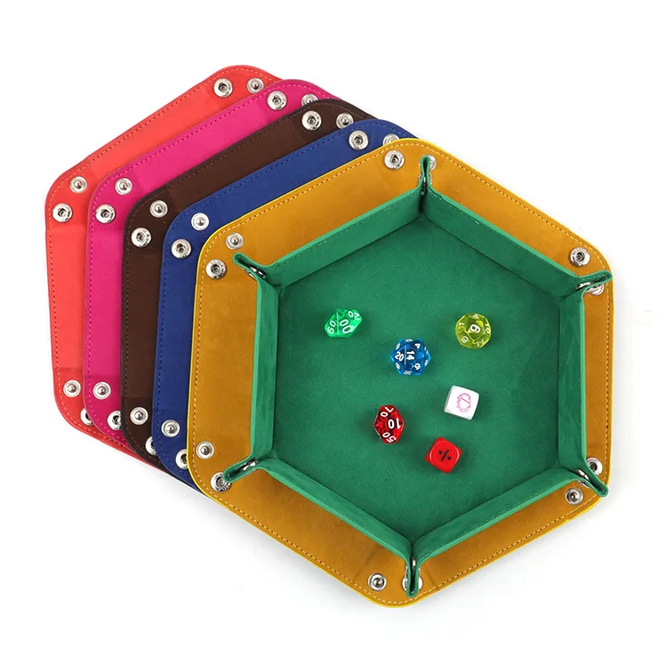 Hexagonal Velvet Cloth Dice Tray Collapsible PU Leather Storage Box with Desktop Tray for Game and Board Storage