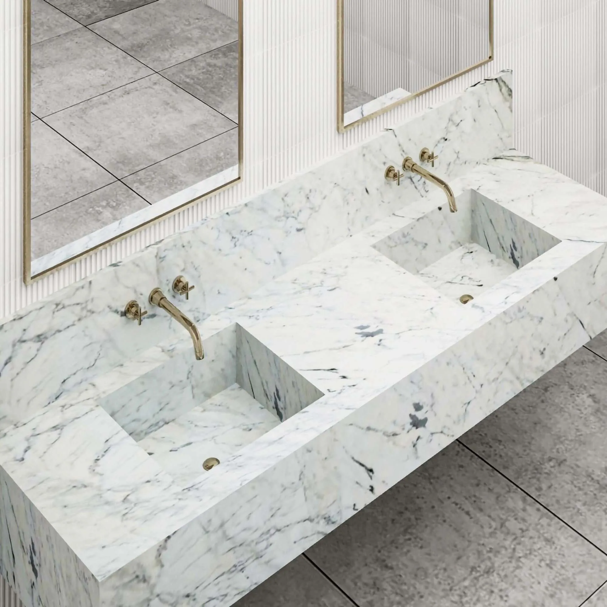 Elegant White Marble Bathroom Sink Wall Hung Basin Floating Double Sink Vanity Wall Mounted White Marble Sink Floating Vanity