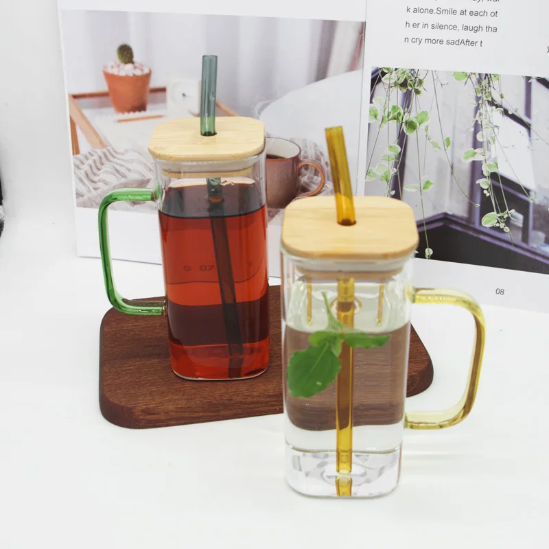 Square Color Handle High Borosilicate Glass Straw Cup With Large Capacity Glass Juice Cold Brink Cup With Bamboo Cover