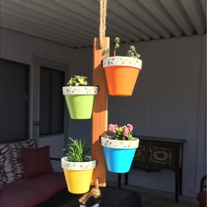 Housewarming Gifts outdoor indoor wooden Vertical Hanging Terracotta Pot Holder Clay Pot Hanger