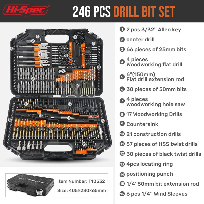 246pc SAE HSS Metal Twist, Brad Point Wood, Masonry & Spade Drill Bits with Multi Screwdriver Bits & Nut Drivers. OEM ODM Ready