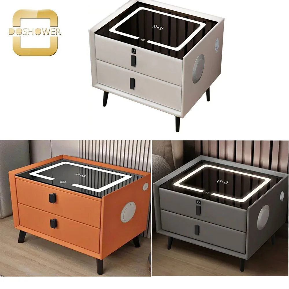 Bedroom Smart Bedside Table with 3 Drawers USB Three-Color Light  of Wireless Fingerprint Lock