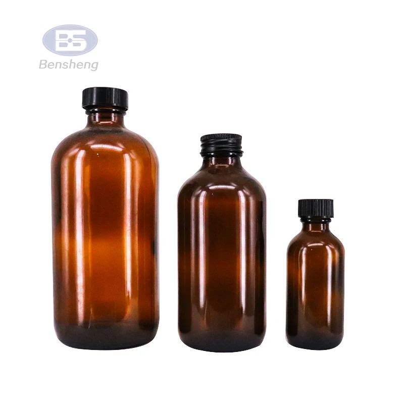 Amber Glass Bottle For Syrup Screw Finish Wide Mouth Boston Round GPI Standard Finish