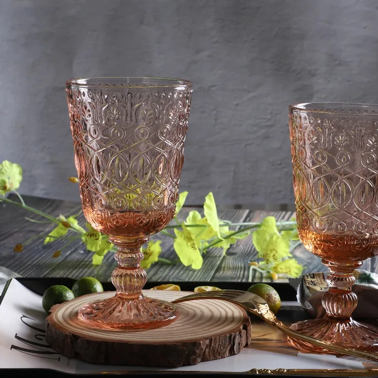 Vintage Colored Stemmed Glass Cups Embossed Design Customize Green Glass Modern