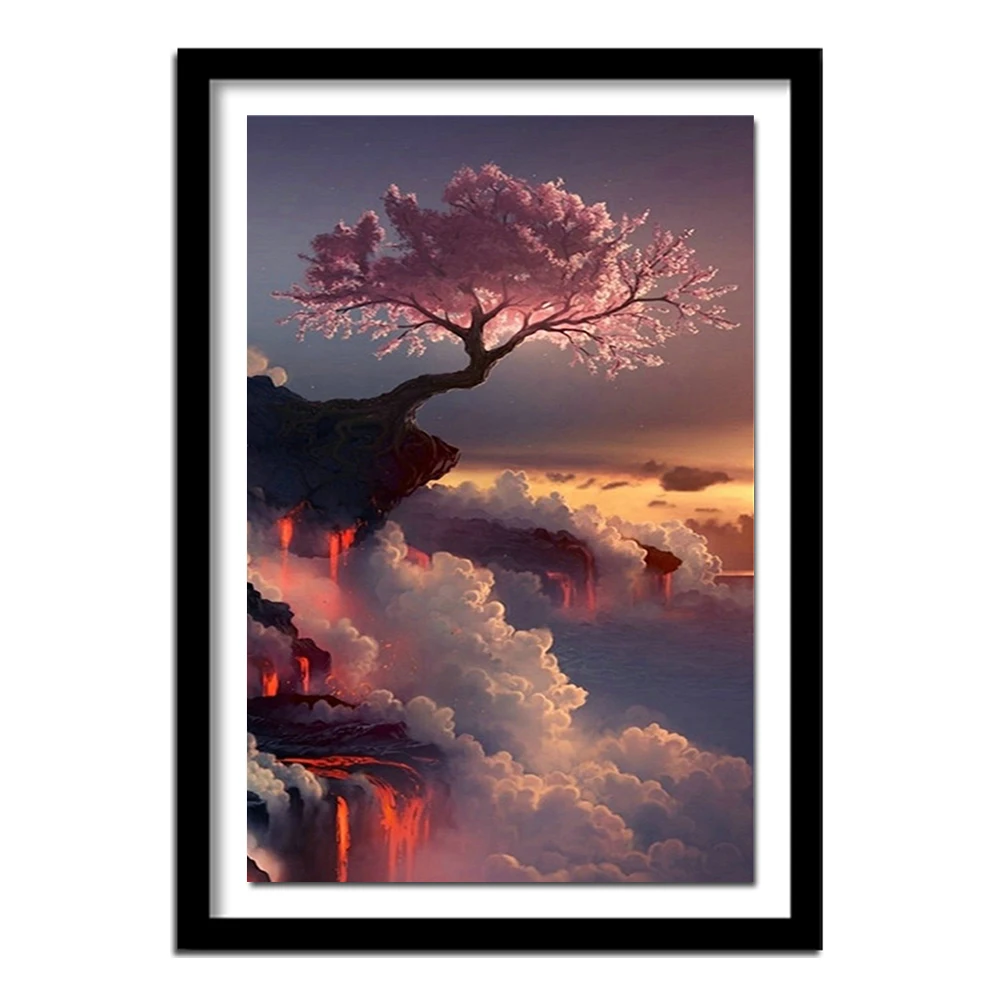 Square Sakura Diamond Embroidery Cherry On the Volcano Picture Rhinestone Embroidery Crystal Diamond 5D Diamond Painting kit 4.9