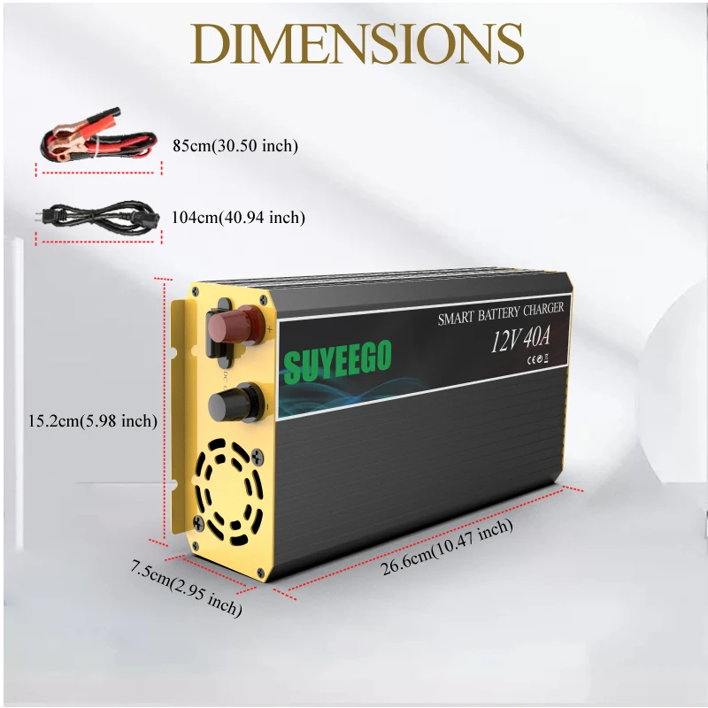 SUYEEGO Smart 12V 40A Lithium Lifepo4 Lead Acid Battery Charger EU Socket for Rv Bike forklift Car