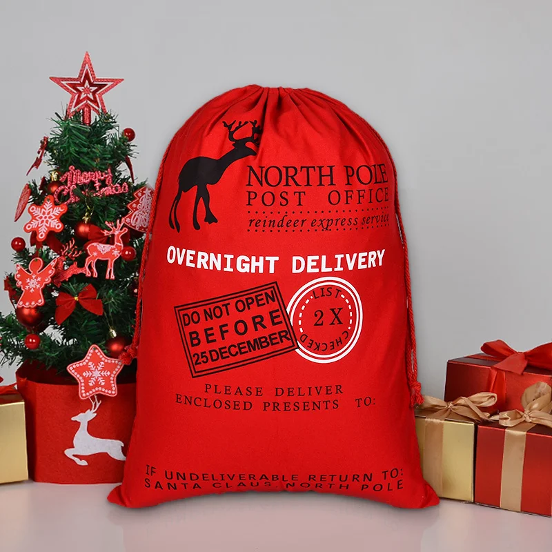 Red Cotton Canvas Custom LOGO Printed Sublimation Christmas Gift Packaging Bag Santa Sack with Drawstrings