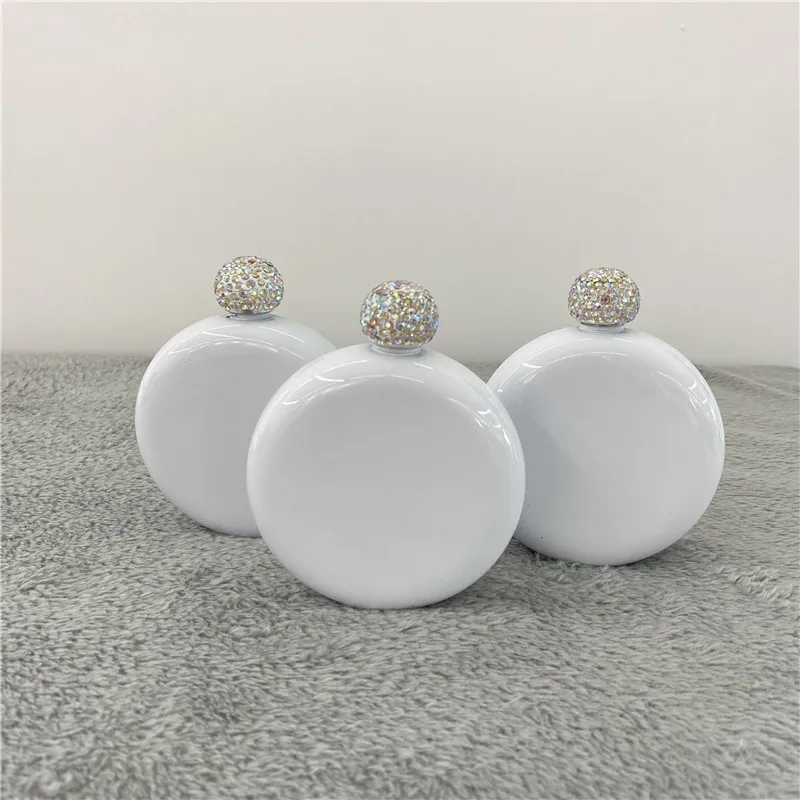 Женская круглая фляжка объемом 5 унций, заготовки для сублимации, Круглая Плоская фляжка из нержавеющей стали с блестящими крышками со стразами для сублимации