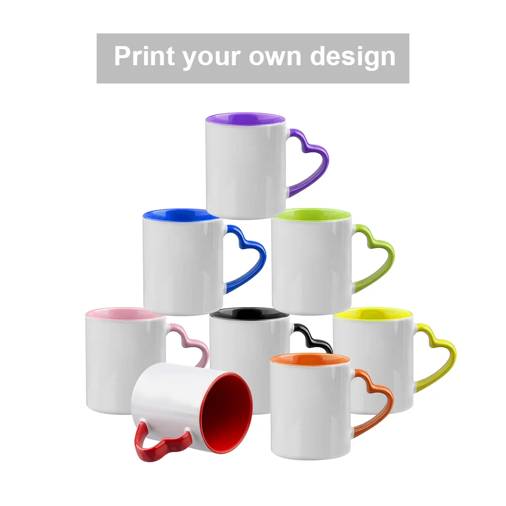 MR.R 11oz White Ceramic Mug with Cute Heart Handle Sublimation Blanks for Business Gifts