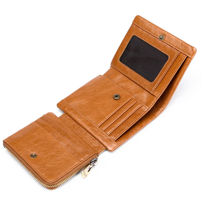 Free shipping Vintage soft oil wax leather anti-theft men trifold short wallet with zipper coin pocket