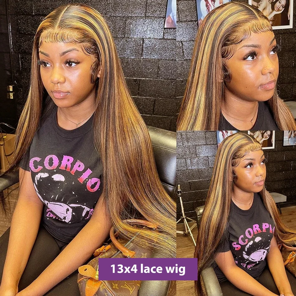 p4/27 Highlight 30 Inch 13x4 Skinlike HD Lace Frontal Wig Brazilian Virgin Human Hair Straight Black with Blonde Highlights Wig
