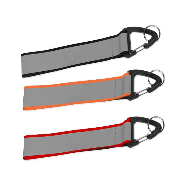 custom logo printing polyester safety buckle high visibility reflective long keychain holder wristlet strap tag pendant