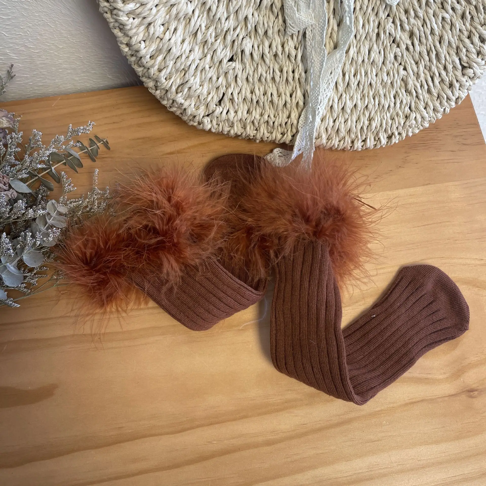 Hot Sell Solid Color Feather Trim Faux Fur Trim Baby Girls Ribbed Knee High Boot Socks Kids Girls Fluffy Fur Socks