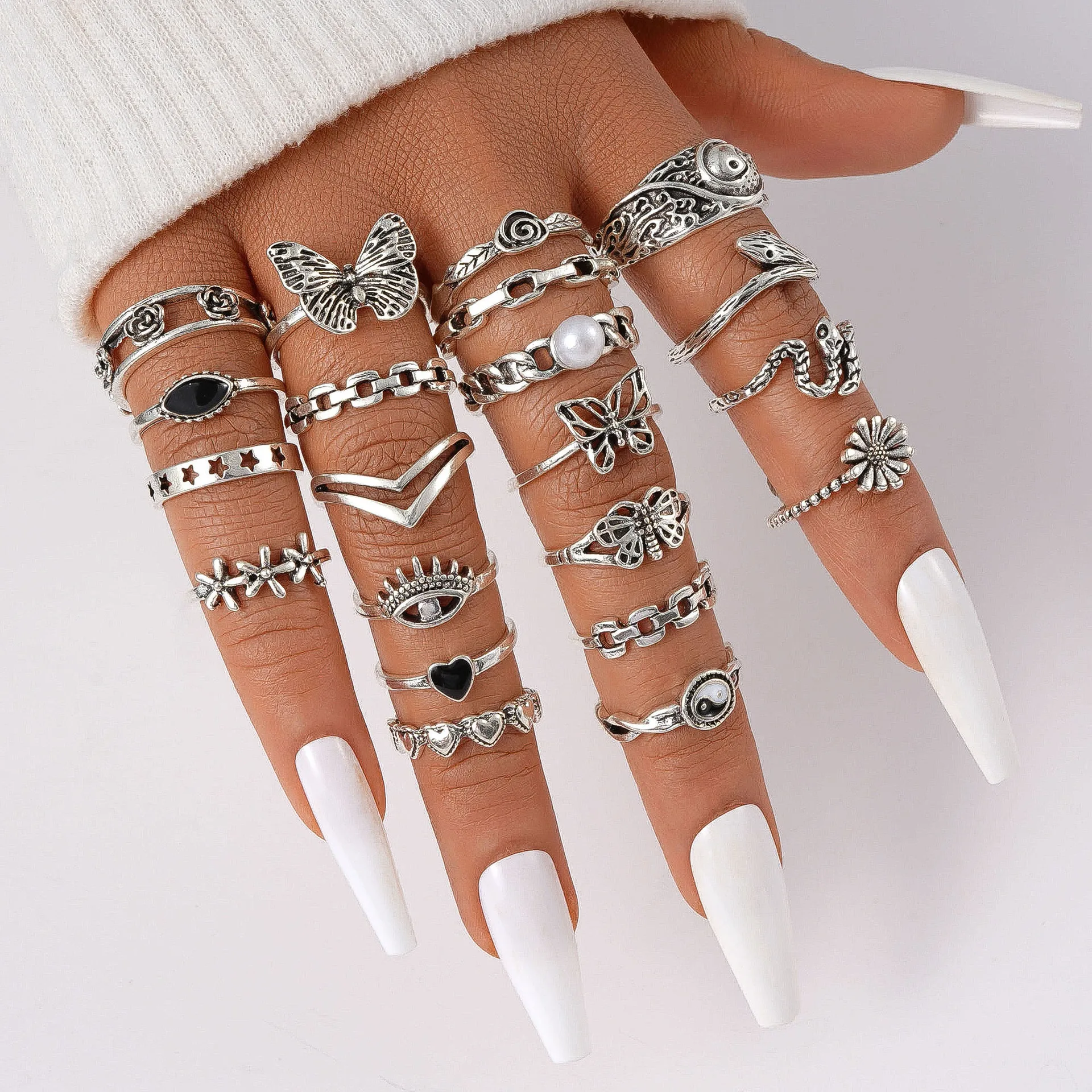 Vintage Silver Geometric Flower Snake Eyes Finger Ring Set Ethnic Stackable Rhinestone Crystal Rings Set Jewelry
