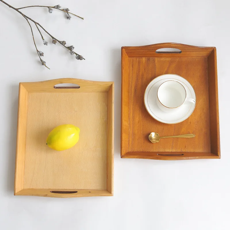 Retro wooden light-colored solid wood tray home living room desktop tableware fruit tray storage long plate