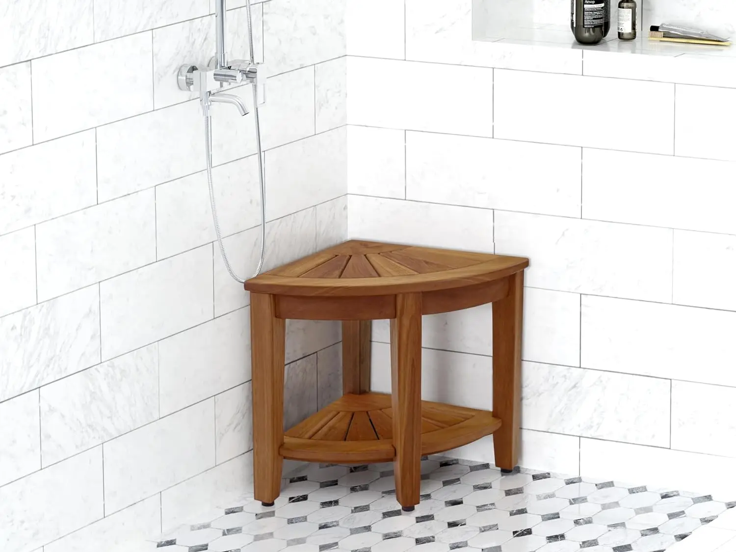 LS-1206,Manufactory Solid Wood Bench with Teak Wood Colour Corner Shower Stool Corner Shower Bench with Shelf Bathroom Bench