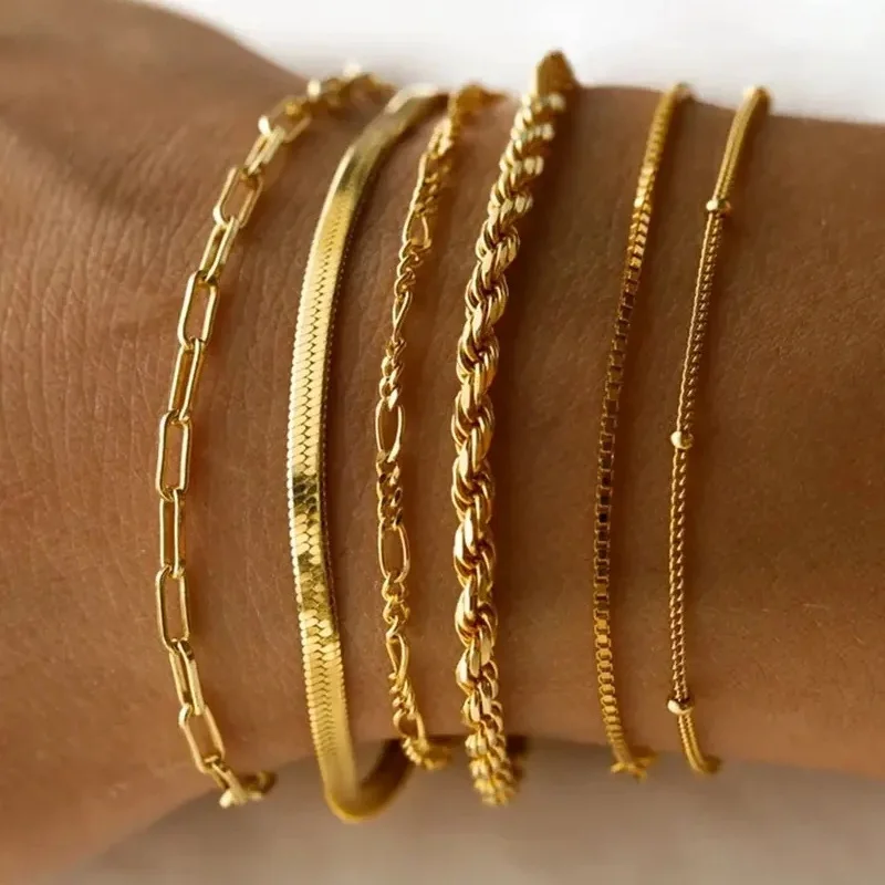 Chihang Stainless Steel Gold PVD Plated Layered Twist Chain Bracelet Set Titanium Steel DIY Cuban Chain Figaro Chain Bracelet