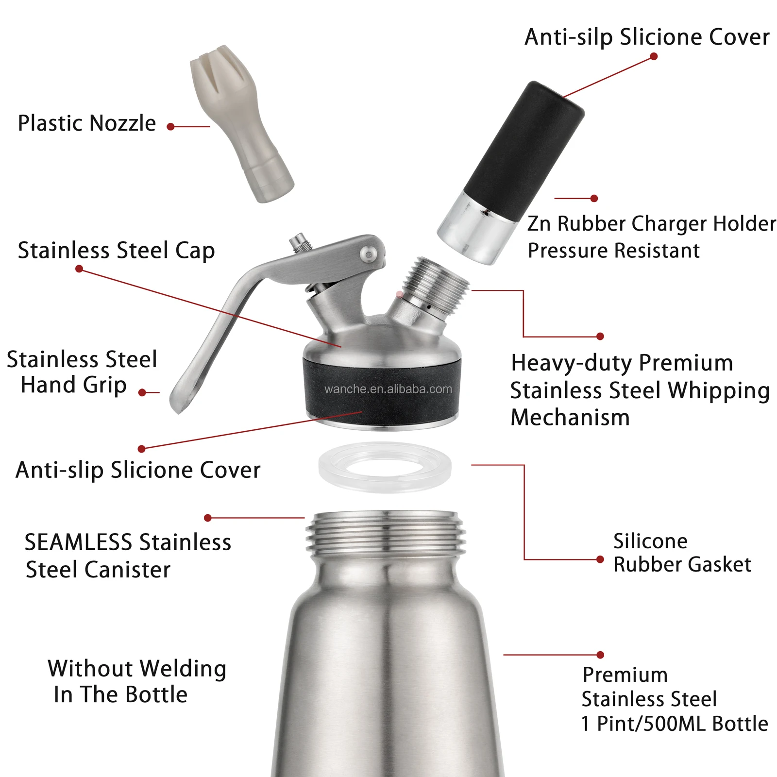 Professional Stainless Steel  Whipped With  Injector Tips Cream Dispenser Highly Durable 500 ml Cream Whip