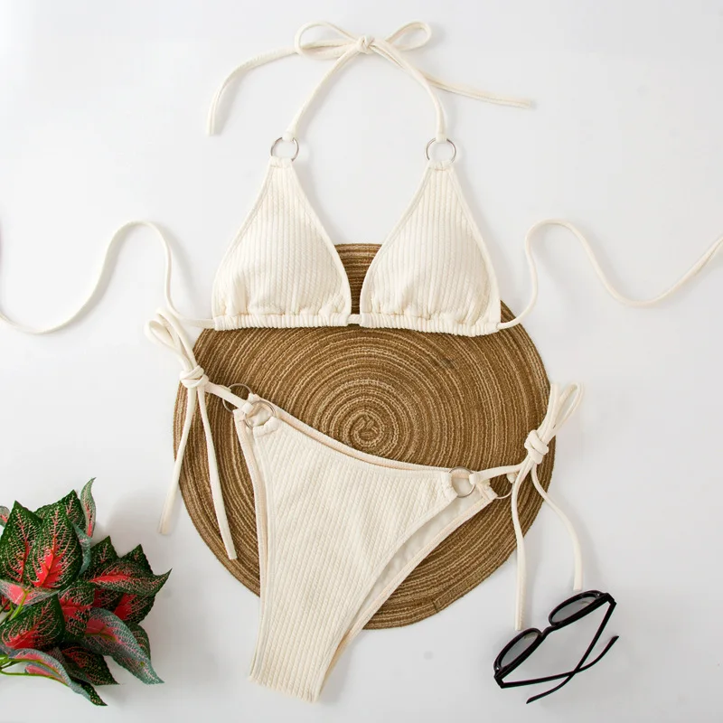 European American Style Sexy Solid Color 1 Piece Silk Bikini Beach Suit Quick Dry V-Neck Micro Sets With String Brazilian Bottom