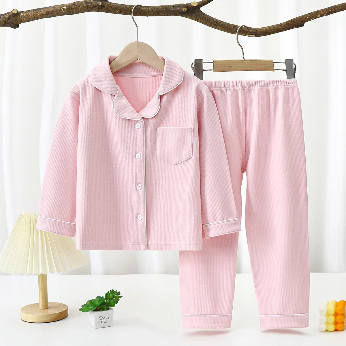 Wholesale 90-180cm Cotton Kids Pajamas 2024 Solid Color Breathable Casual Teen Girls Sleepwears Set